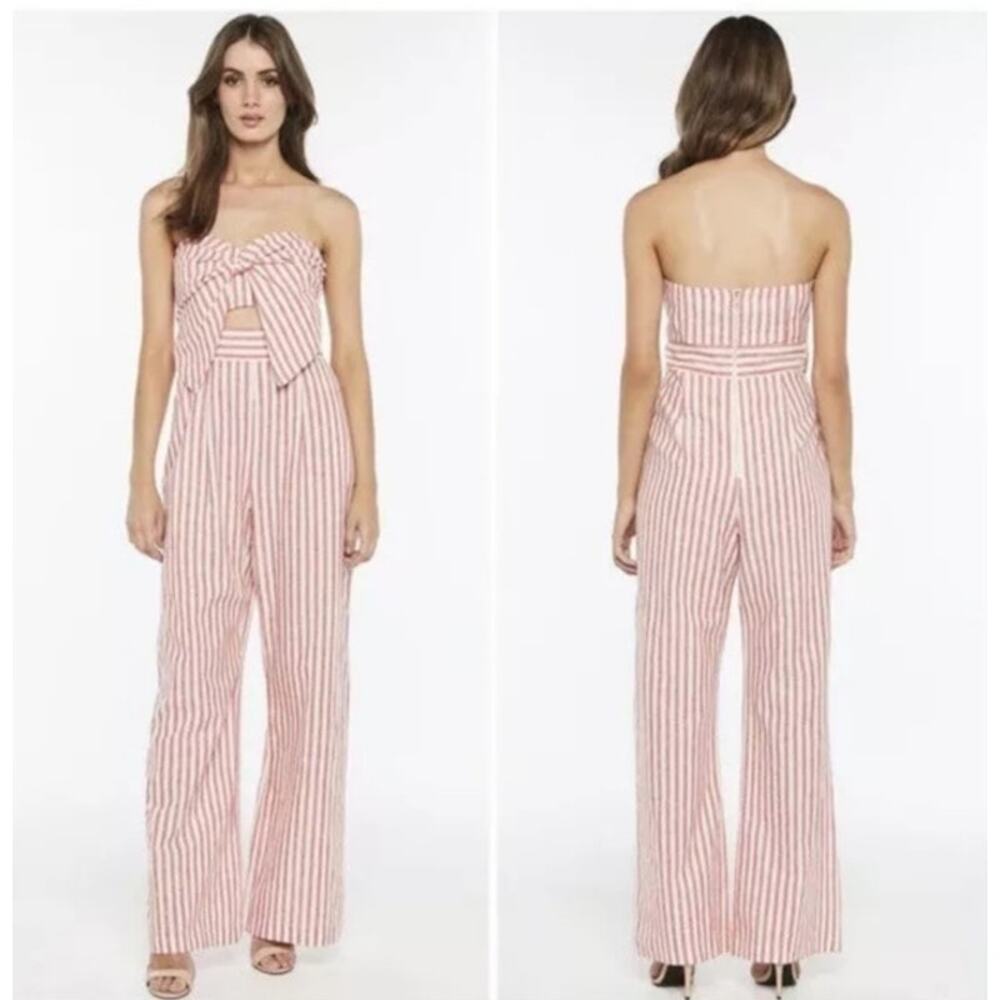 Bardot Pink and White Striped Strapless Jumpsuit